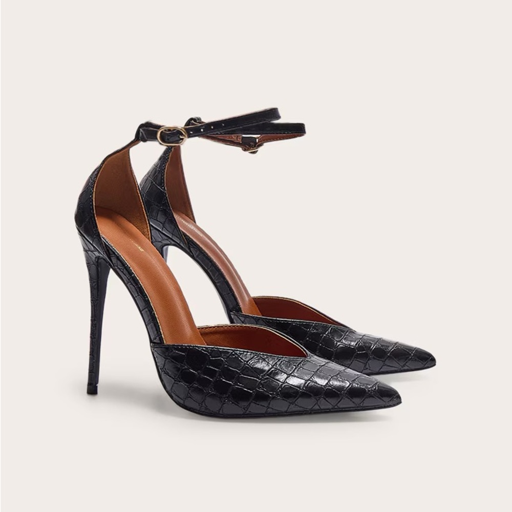 Black Textured Heels with Ankle Strap